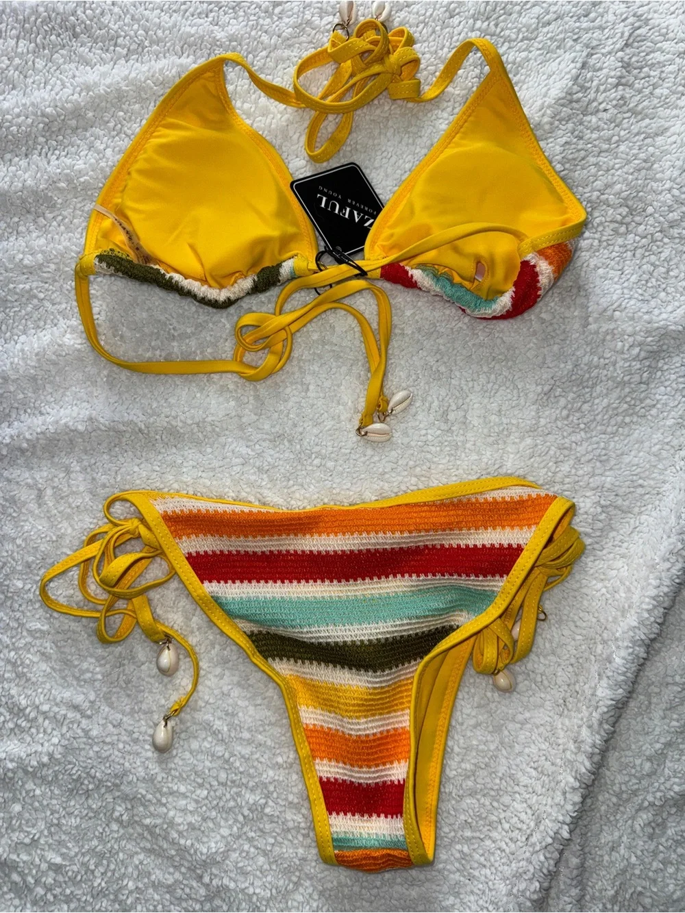 ZAFUL Women's Crochet Colorblock Stripes Triangle Tie Bikini, Shell Details, S